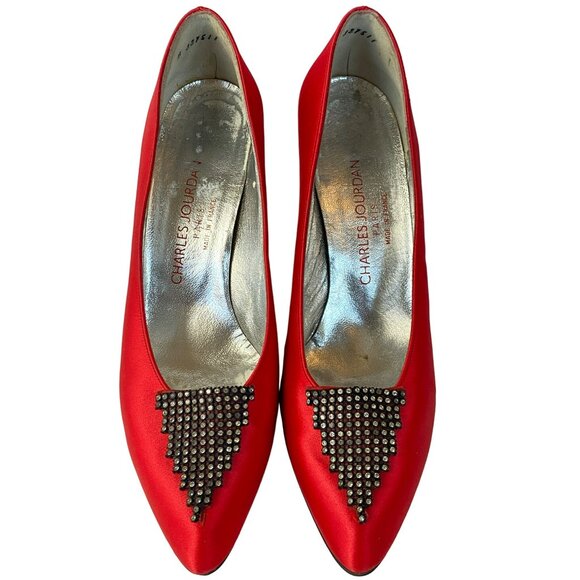 Vintage Charles Jourdan Shoes Heels Leather Red Satin Rhinestone Size 9 Paris - Picture 2 of 10